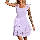 Byinns Womens Square Neck Sleeveless Ruffle Dress High Waist Backless Tiered Smocked Strappy Casual Short Mini Dresses 2026