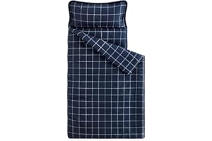 Wake In Cloud - Toddler Nap Mat with Pillow and Blanket, for Kids Boys Ages 3 Plus in Kindergarten Daycare Preschool Pre K, Roll Up Sleeping Bag, Gingham Plaid Grid Checkered, Navy White, Standard