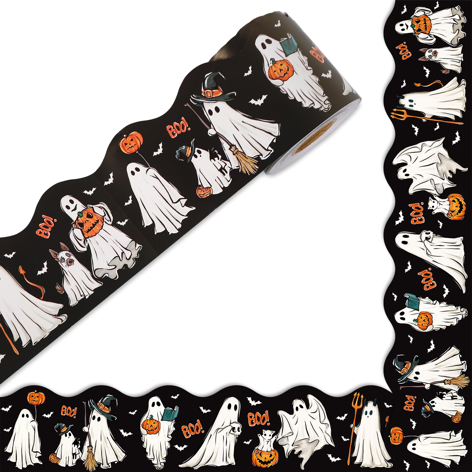 Photo 1 of Whaline 65Ft Halloween Bulletin Board Border Black Ghost Boo Pumpkin Scalloped Die Cut Border Trim Roll for Home Classroom Party Wall Decoration