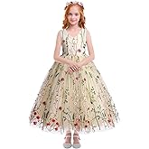 Floral Embroidered Tulle Dress Girls Sleeveless Birthday Wedding Pageant Party Formal Long Tutu Dresses