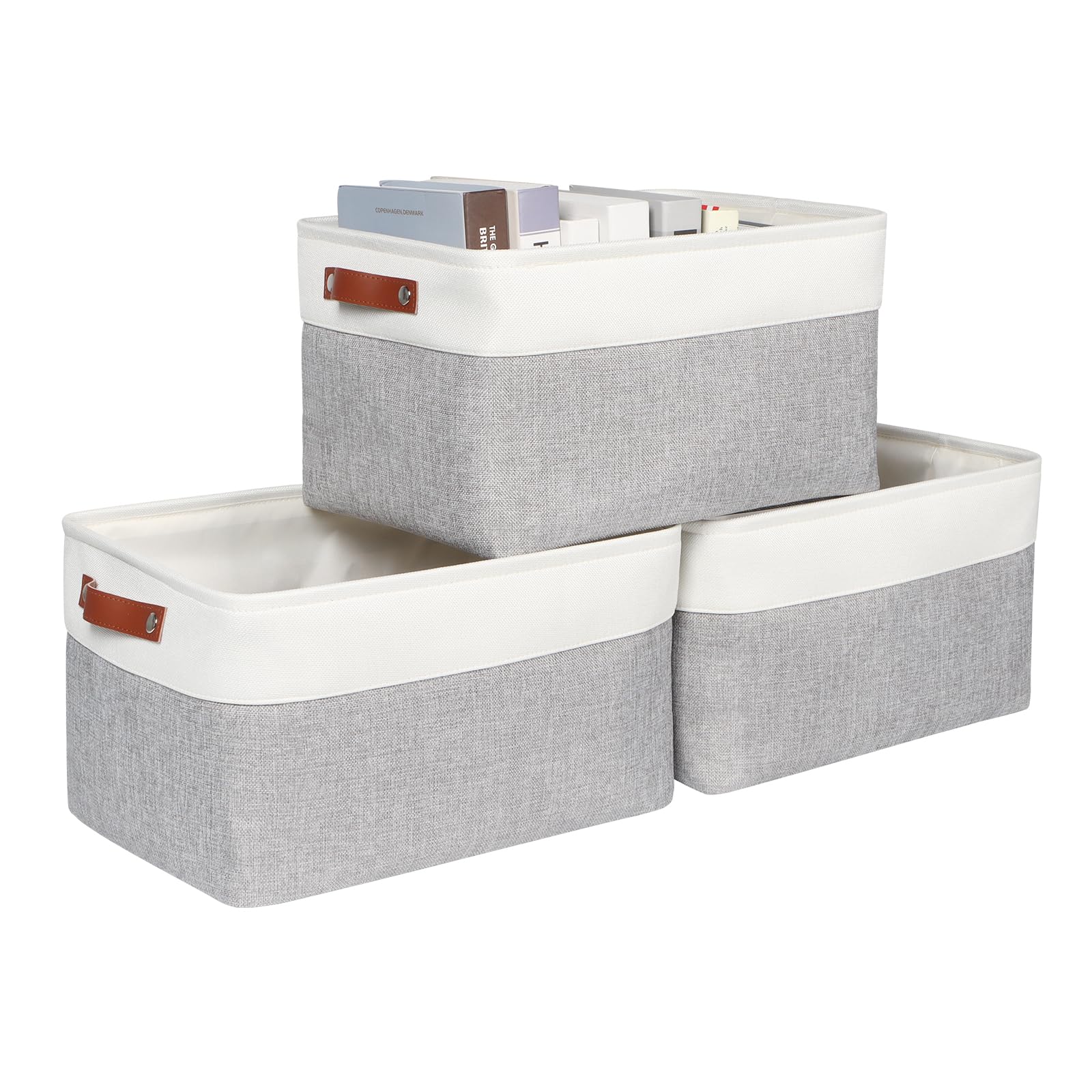 Syeeiex Large Storage Baskets for Shelves with Leather Handle, 3 Pack Fabric Stoarge baskets for Organizing Home, Toys, Office, Clothes (Grey)