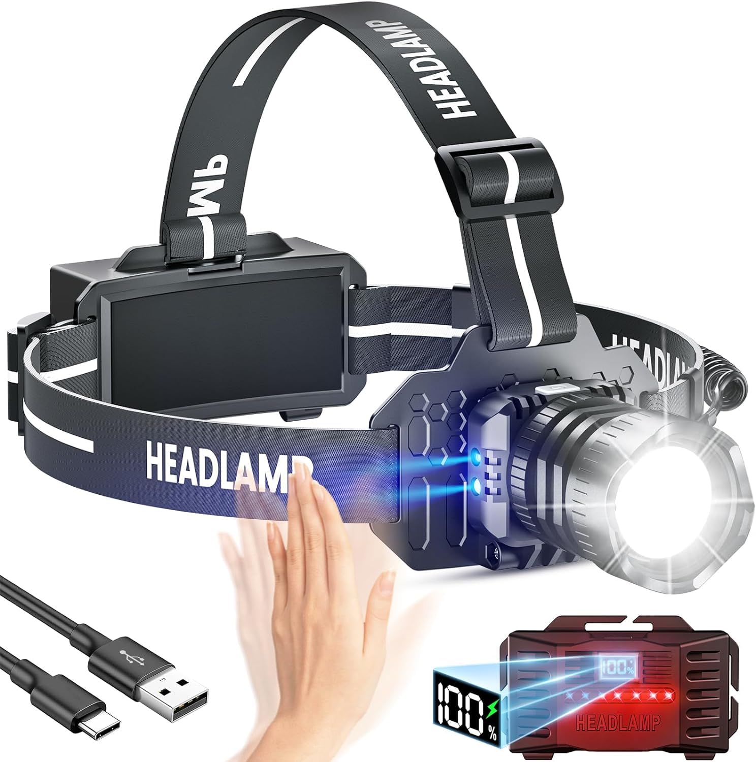 Sogdeco Head Torch Rechargeable 8 Light Modes 50000LM Super Bright Led Headtorch with Red Warning Light,Sensor Control,Head Torch Waterproof IPX6 for Camping Running Fishing Hiking