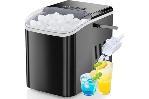 DUMOS Countertop Ice Maker with Handle, 26lbs/24H Portable Ice Machine, 9 Bullet Cubes Ready in 6 Mins, Self-Cleaning, Quiet Compact for Home, Kitchen, RV, Camping, Bright Black