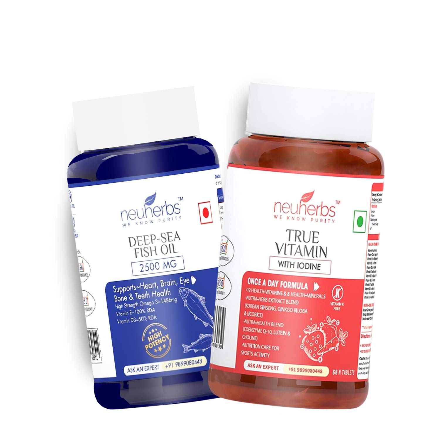 Neuherbs Daily Vitamin Supplement Combo- Multivitamin with zinc, Iodine and vitamin c + Omega-3 Fish Oil Capsules (Deep sea fish oil 2500 mg) : 60 Units each for Men and Women :