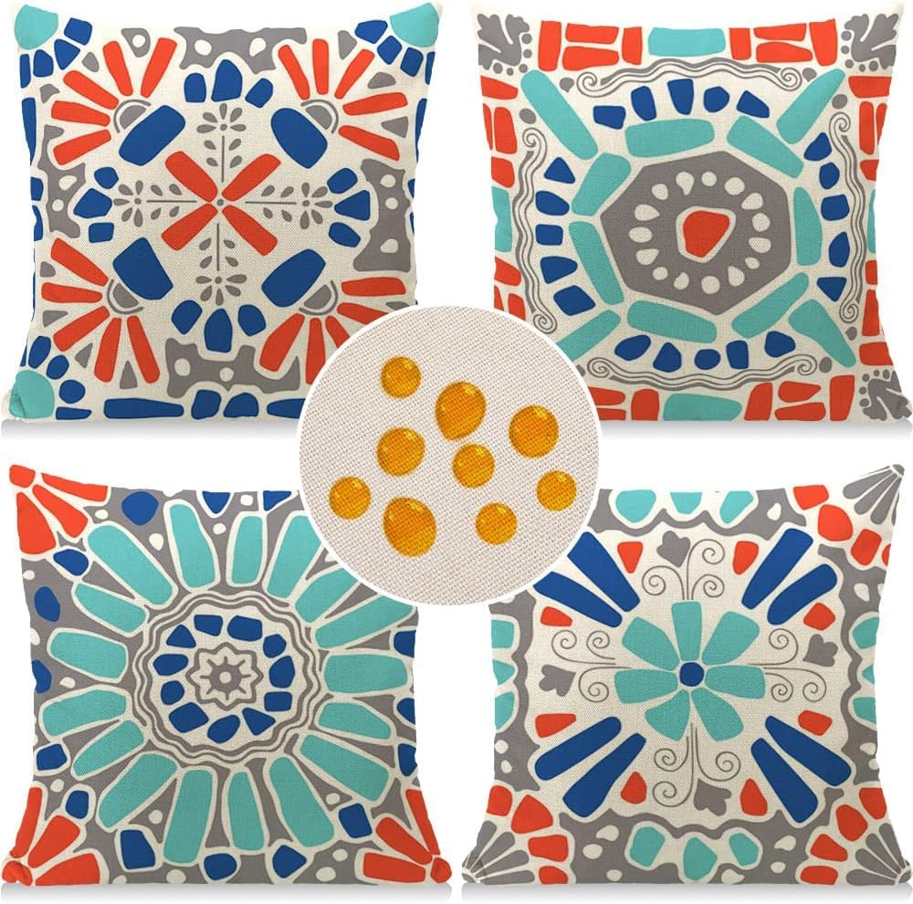 Weldomcor Waterproof Cushion Cover 18x18 inch Set of 4 Outdoor Throw Pillow Covers Mordern Bohemian Decorative Pillow Cases Decorations for Patio Garden Porch Bench Sofa Indoor Living Room Bed Chair — image 1