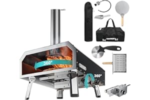 ABORON 16" Multi-Fuel Outdoor Pizza Oven, Portable Wood and Gas Fired Pizza Maker with Rotating Stone, Stainless Steel with Thermometer Cutter & Carry Bag