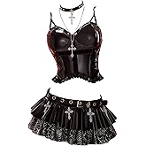 MEOWCOS Women's Skirt Classic Gothic Punk Skirt Cross Decorated Double Layer Mini Skirt with Belt