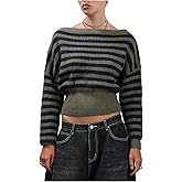 MakeMeChic Women's Striped Fall Cozy Sweater Boat Neck Long Sleeve Y2k Pullover Crop Tops