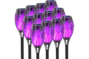 EOYIZW Solar Lights Outdoor, Halloween Decorations Purple Solar Tiki Torches for Outside, 12 Pack Torch Light with Flickering Flame Landscape Outdoor Lights for Yard Patio Garden
