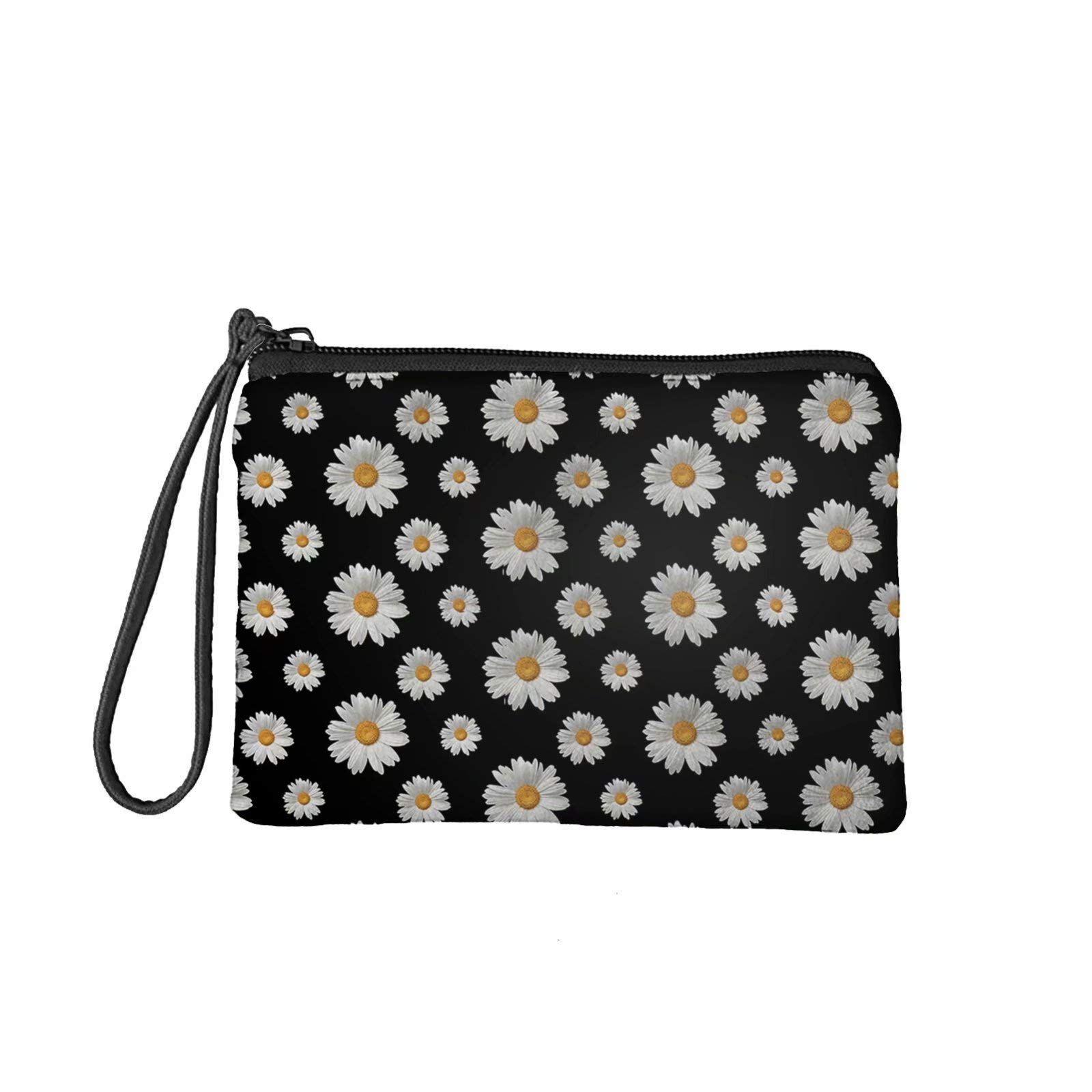 MODEGA Black Canvas Cloth Material Coin Purse Wallets Cash Storage Clutch with Zipper Change Pouch, Soft Wallet Bags for Ladies Women Birthday, 3D Daisy Flower Pattern Female Purses