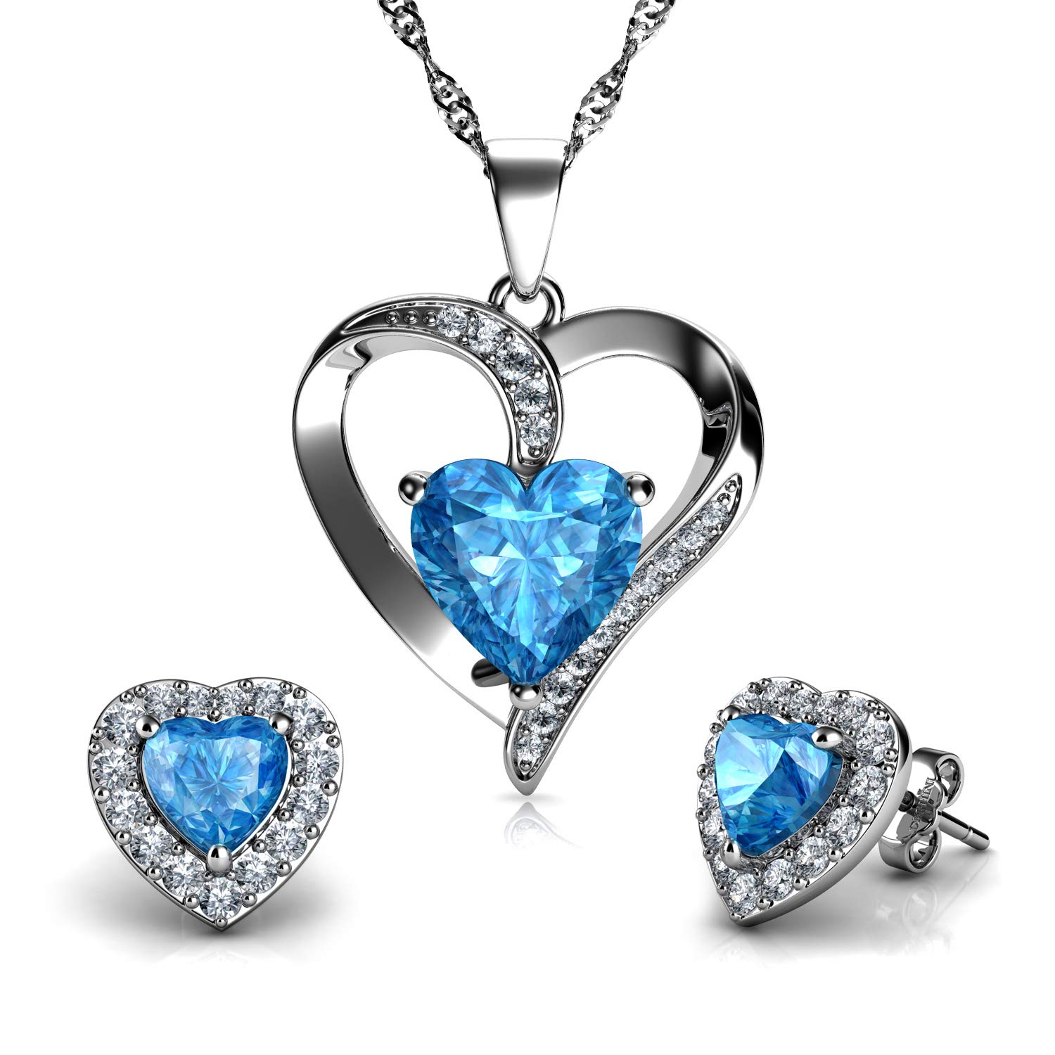DEPHINI - Jewellery Set Heart Necklaces with stud Earrings - 925 sterling silver Double Hearts Pendant for Women - Cubic Zirconia - Rhodium Plated (Aqua set) โ image 1