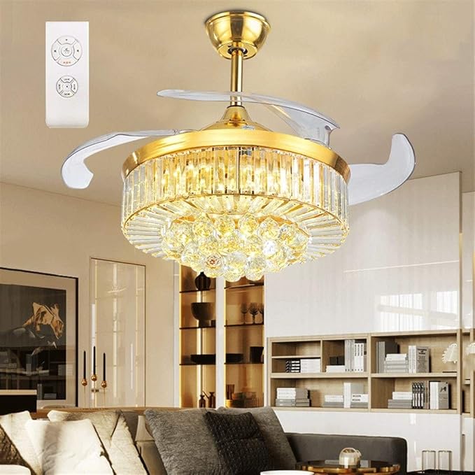 LERSS 42 Inch Metal Crystal Ceiling Fan Light European-Style Fan Lamp