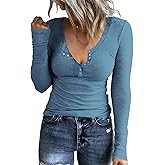 APOFER Women's Long Sleeve Tunic Shirts Snap Button Slim Fit Tops Scoop Neck Ribbed Knit Henley shirts