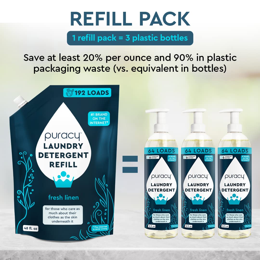 Puracy Laundry Detergent Refill - Enzyme-Powered Liquid Laundry Detergent Concentrate, Natural Laundry Detergent Seen on TikTok, Non-Toxic (Fresh Linen, 48 fl oz, 192 Loads)