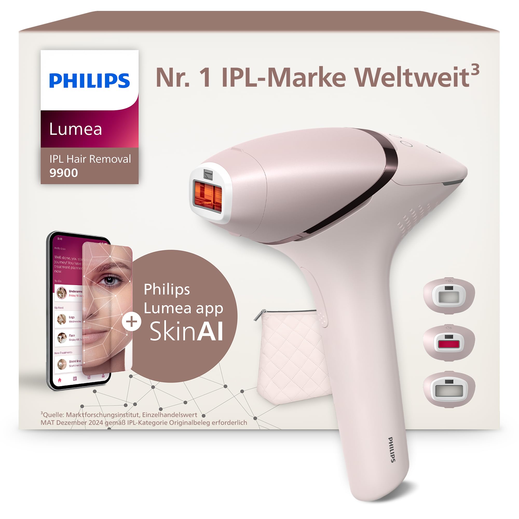 Philips Lumea IPL 9900 Series Haarentfernungsgerät mit SenseIQ & SkinAI Technologie – Alternative zur Laserhaarentfernung – 3 Aufsätze für Körper, Gesicht & Präzisionsbereiche, kabellos (BRI953/02)