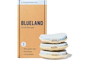 BLUELAND Scrub Sponge, 3-Pack, Dual-Sided Dish Loofah, Plastic-Free, Plant-Based Kitchen Scrubbing Non-Scratch