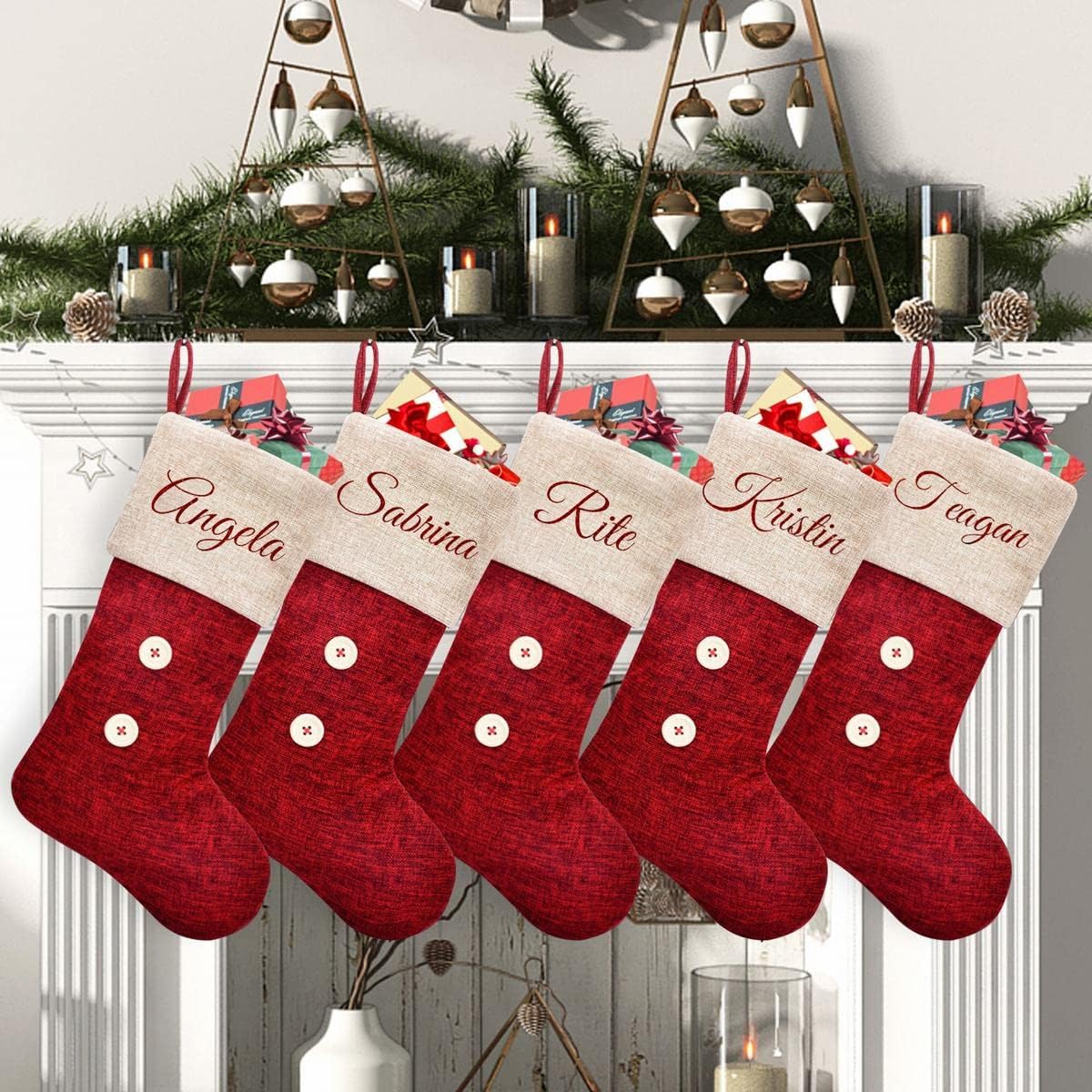 Stockings & Holders - ElegantPark Personalized Christmas Stockings 5 Pack Red Burlap Christmas Stockings Monogrammed Custom Large Xmas Rustic Holiday Fireplace Home Decoration Gifts for Family