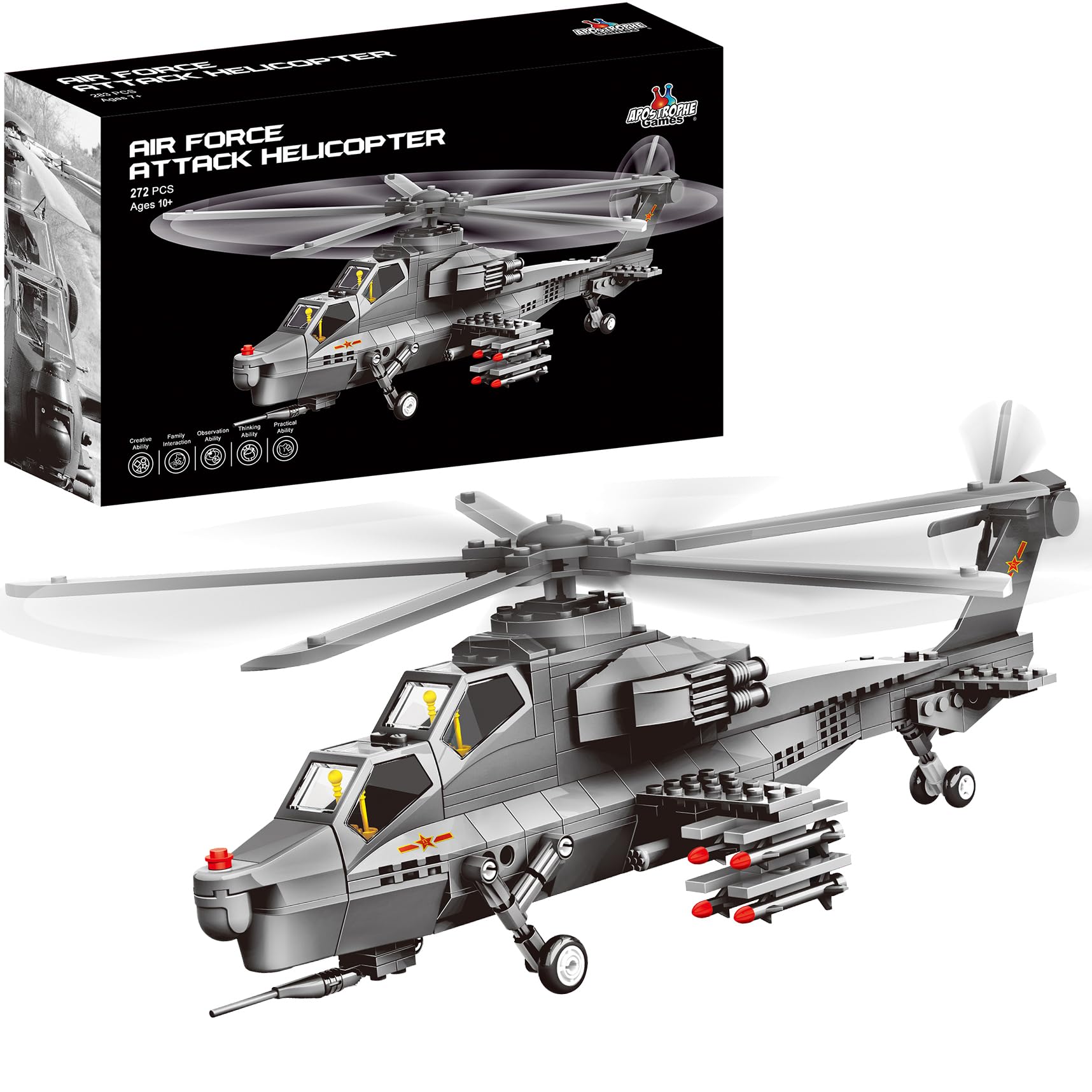 Apostorphe Games Attack Helicopter Air Force Building Block Set – 272-Pcs Helicopter Building Toys Set – Building Block Plane Toy for Kids Older Than 10 and Adults – Compatible with All Bricks — image 1