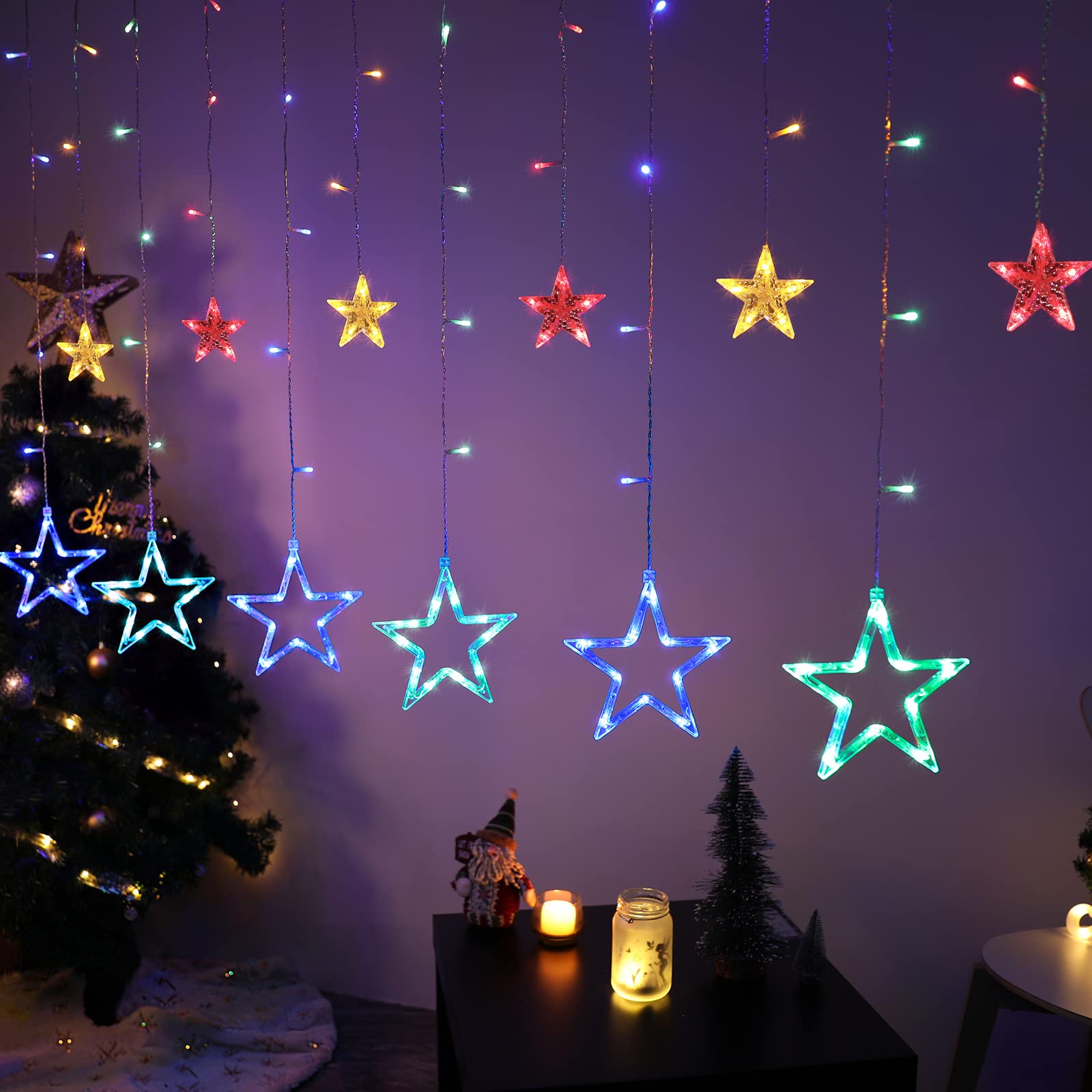 BLOOMWIN Christmas Window Lights 2m x 1m 12 Stars Curtain Fairy Light Xmas Decoration for Indoor Party Bedroom (Colorful)