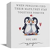 Penguin Love Wooden Box Sign - 5x5 Inch "When Penguins Find Their Mate, They Stay Together Forever" Cute Animal Sign, Valentine's Gifts for Couples, Anniversary, Wedding, Unique Romantic Decor