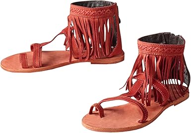 red fringe flat sandals
