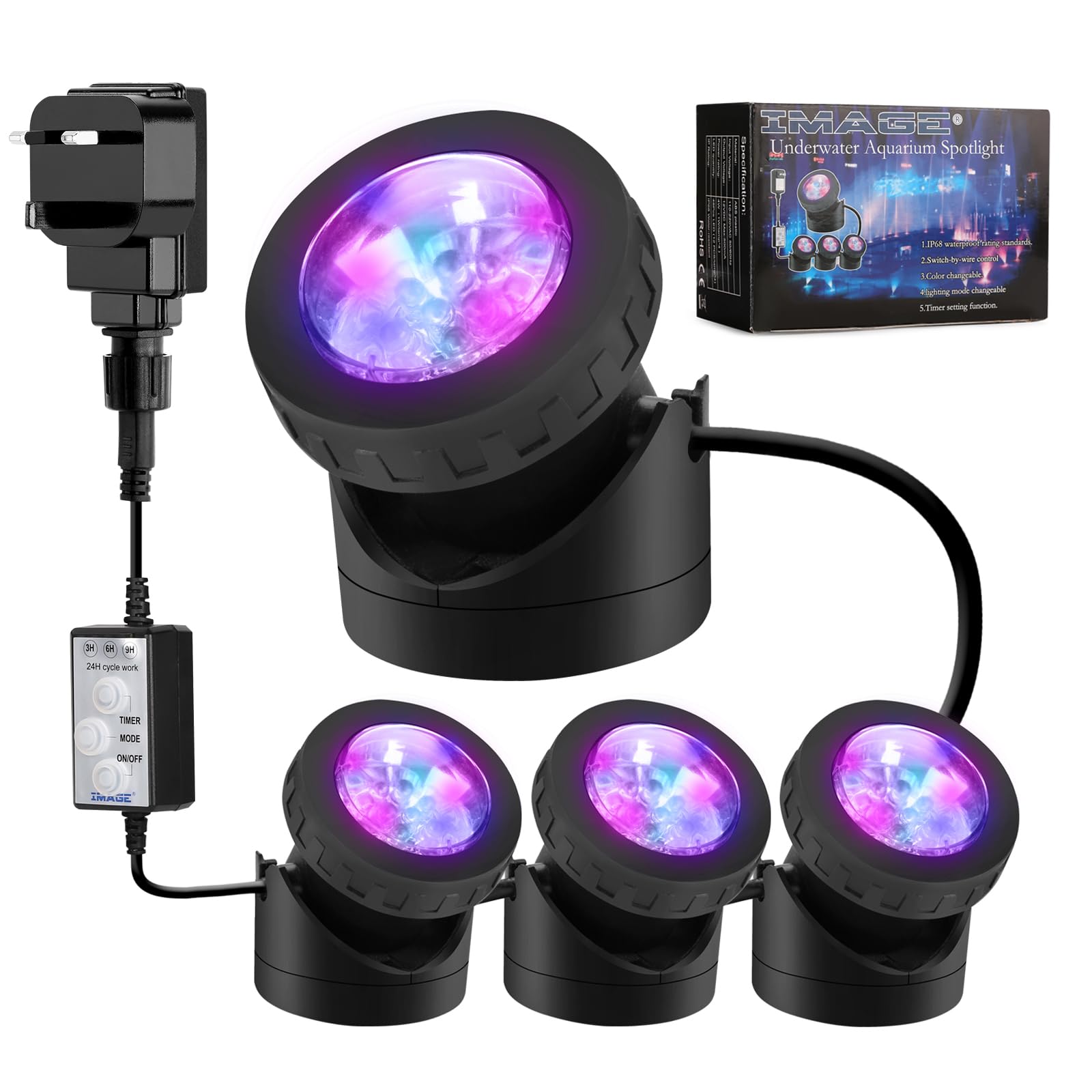 IMAGE Pond Lights Submersible Lights [Set of 4] with Timer IP68 Underwater Lights Aquarium Spot Light 48LED Landscape Lamp for Swimming Pool Fish Tank Fountain Pond Decoration