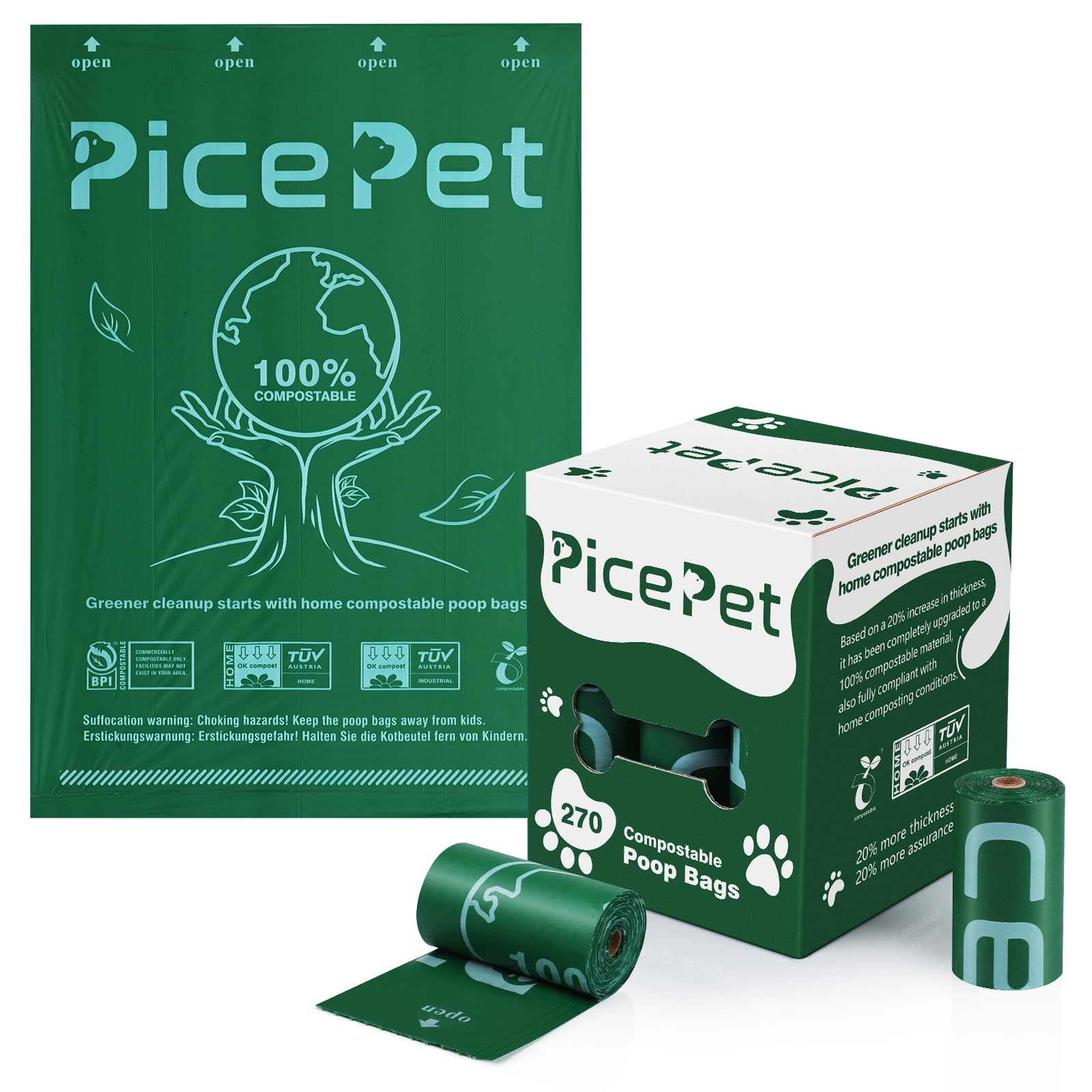 100% Home Compostable Dog Poop Bags Rolls, 20% Thicker Pet Waste Bag for Large Doggy and Small Doggie, Leak-Proof & Extra Thick, ASTM D6400 & EN 13432 Certified, 270 Count