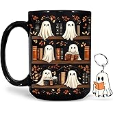 Hyturtle Cute Ghost Read Book Mug - Black Coffee Cup Ceramic Mug 15 Oz And Keychain - Book Gifts For Women Lover - Bookish Gift For Bookworm Librarian - Inspirational Librarian Present For Halloween