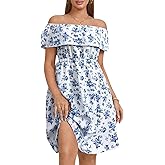 YAMQETKO Womens Off Shoulder Ruffle Floral Wedding Guest Dresses A Line Shift Short Skater Dress