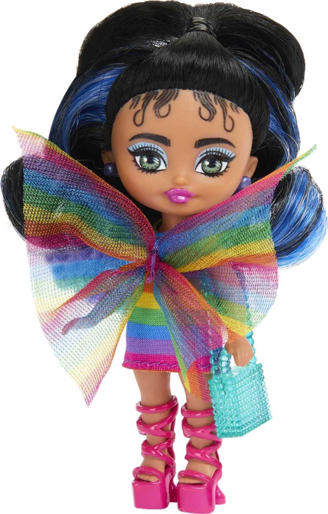 Barbie Extra Mini Minis with Blue-Streaked Black Ponytail Wearing Rainbow Dress & Accessories & Stand, 3.25-Inch, HPJ09