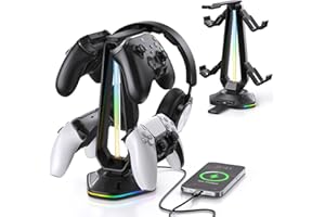 Luckit Gaming Headphones Stand, RGB Headset Stand with 12 Light Modes, Controller Holder with 2 USB Charging Ports - Supports Data Transfer, Earphone Hanger Accessories for Desktop Gamer