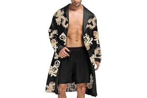 SWOMOG Men's Satin Robe with Shorts Set Silky Kimono Bathrobe Lightweight Soft Sleepwear