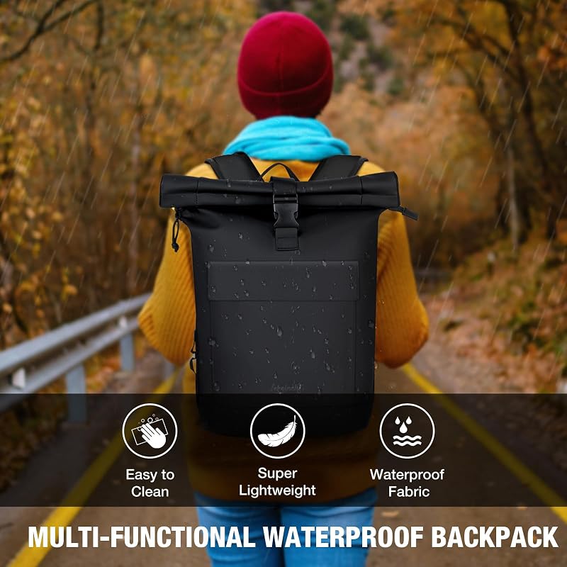 Rolltop Rucksack Damen & Herren, Elegant Laptop Rucksack Wasserdicht mit 17 Zoll Laptopfach, Großer Reiserucksack Tagesrucksack Schulrucksack für Reisen, Uni Schule, Arbeit - Schwarz