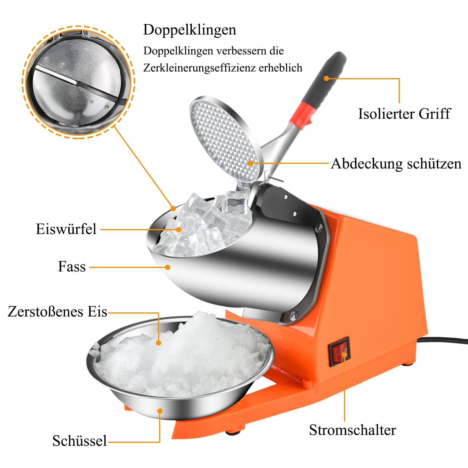 Elektrischer Ice Crusher, 300W Eiszerkleinerer 80kg/h,Doppelmesser Eiscrusher, Doppelmesser Eiscrusher,Smoothie Maschine für Restaurants, Bars, Partys (Orange) 6