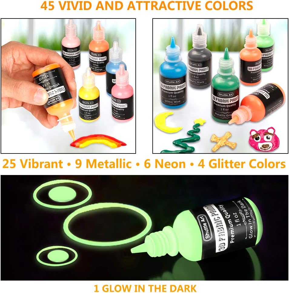 Shuttle Art 45 Colours 3D Fabric Paint Set, Permanent, Glow in The Dark, Glitter, Metallic, With Brushes, Pen, Sheet - Image 4