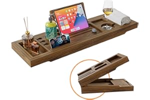 FIAYGRO Premium Foldable Bathtub Tray, Luxury Bath Tray with Expandable Handles, Solid Acacia Wood Bath Tray for Tub, Bathtub Tray Caddy with Wine Glass and Phone Holders, Book Stand, Bathtub Accessories