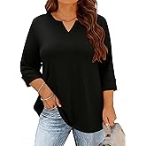 TFSDOD Plus Size Tops for Women V Neck T Shirt 3/4 Length Sleeve Blouse Dressy Casual Tee Loose Fit XL-5X