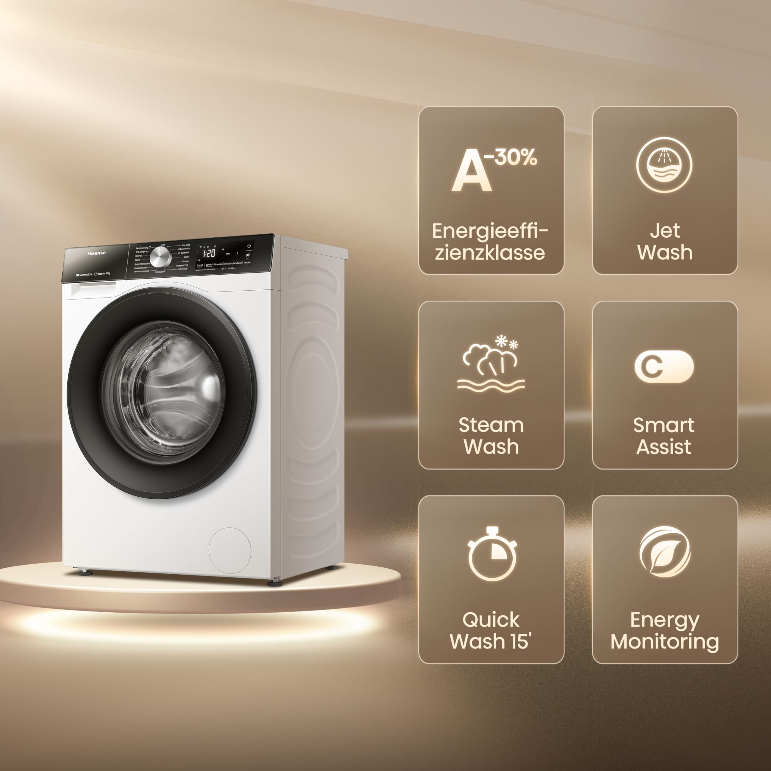 Hisense WF3S8043BW3 Waschmachine mit Dampffunkunktion, 8 kg, 1400 U,min, WIFI, ConnectLife, Power JetWash, Anti-Allergie Programm, Aqua Stop, Auto Wash, Quick Wash, EEK A-30 Prozent 3