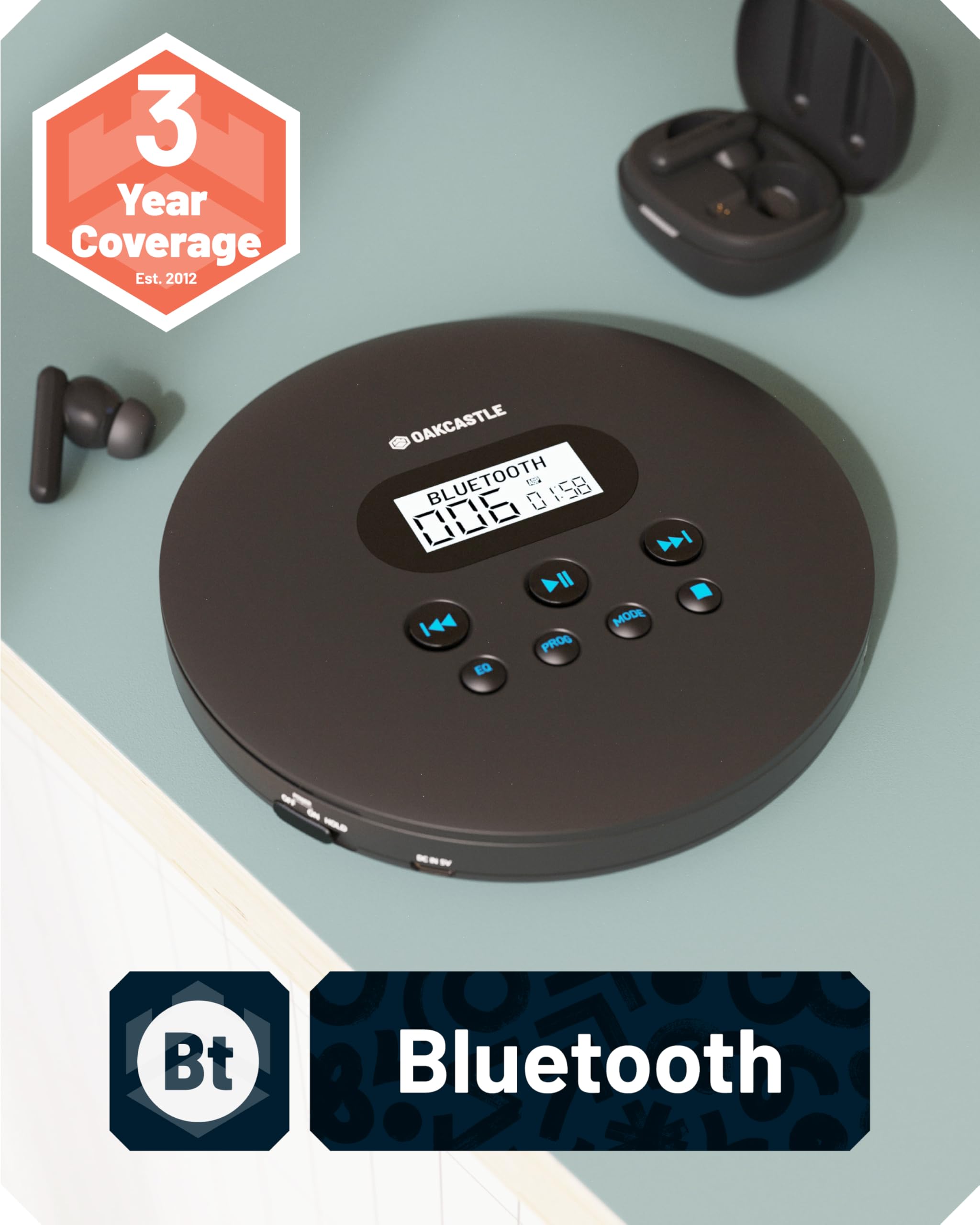 Oakcastle CD100 Rechargeable Bluetooth CD Player | 12hr Portable Playtime | in Car Compatible Personal CD Player | Headphones Included, AUX Output, Anti-Skip Protection, Custom EQ, CD100 (Black)