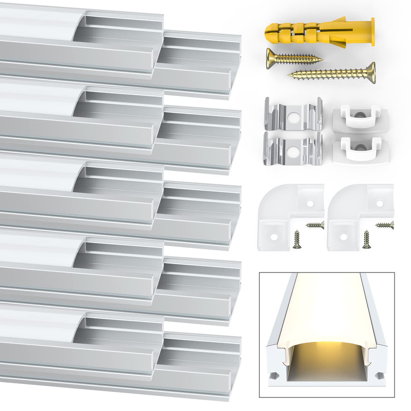 Jirvyuk 10 Pack 1m/3.3ft LED Profile Strip, U-Shape Aluminum Channel with Milky White Cover, End Caps, Mounting Clips and Screws - Indoor Modern Decor String Light