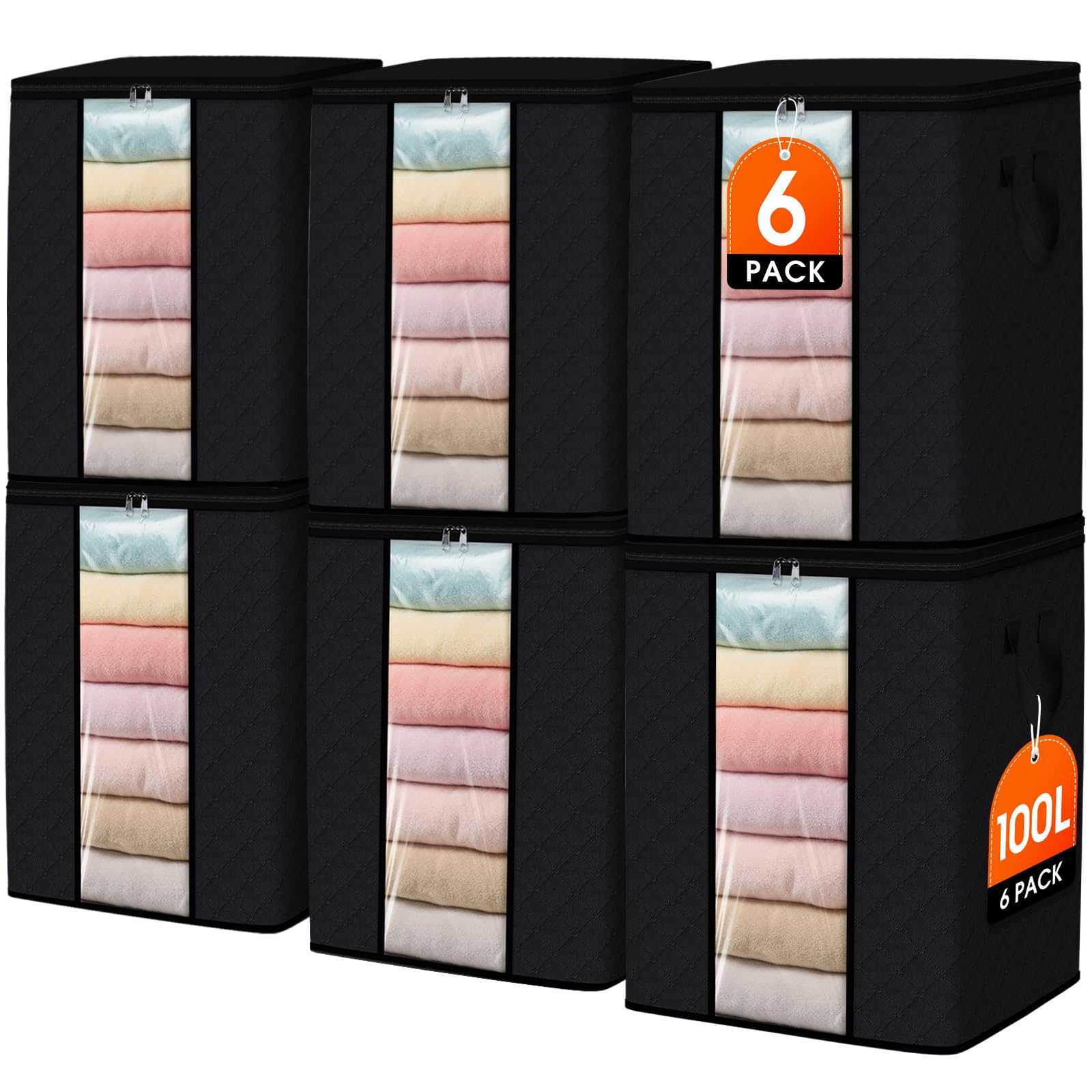 SpaceWhisper 6 Pack 100L Clothes Storage, Foldable Thick Fabric Blanket Storage Bags, Containers for Organizing Bedroom, Closet, Clothing, Comforter,Closet Organization with Handle,Black