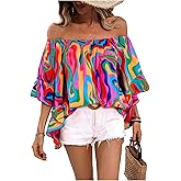 GORGLITTER Women's Off The Shoulder Tops Boho Asymmetrical 3/4 Sleeve Ruffle Colorful Blouses Shirt Tops Dressy Casual