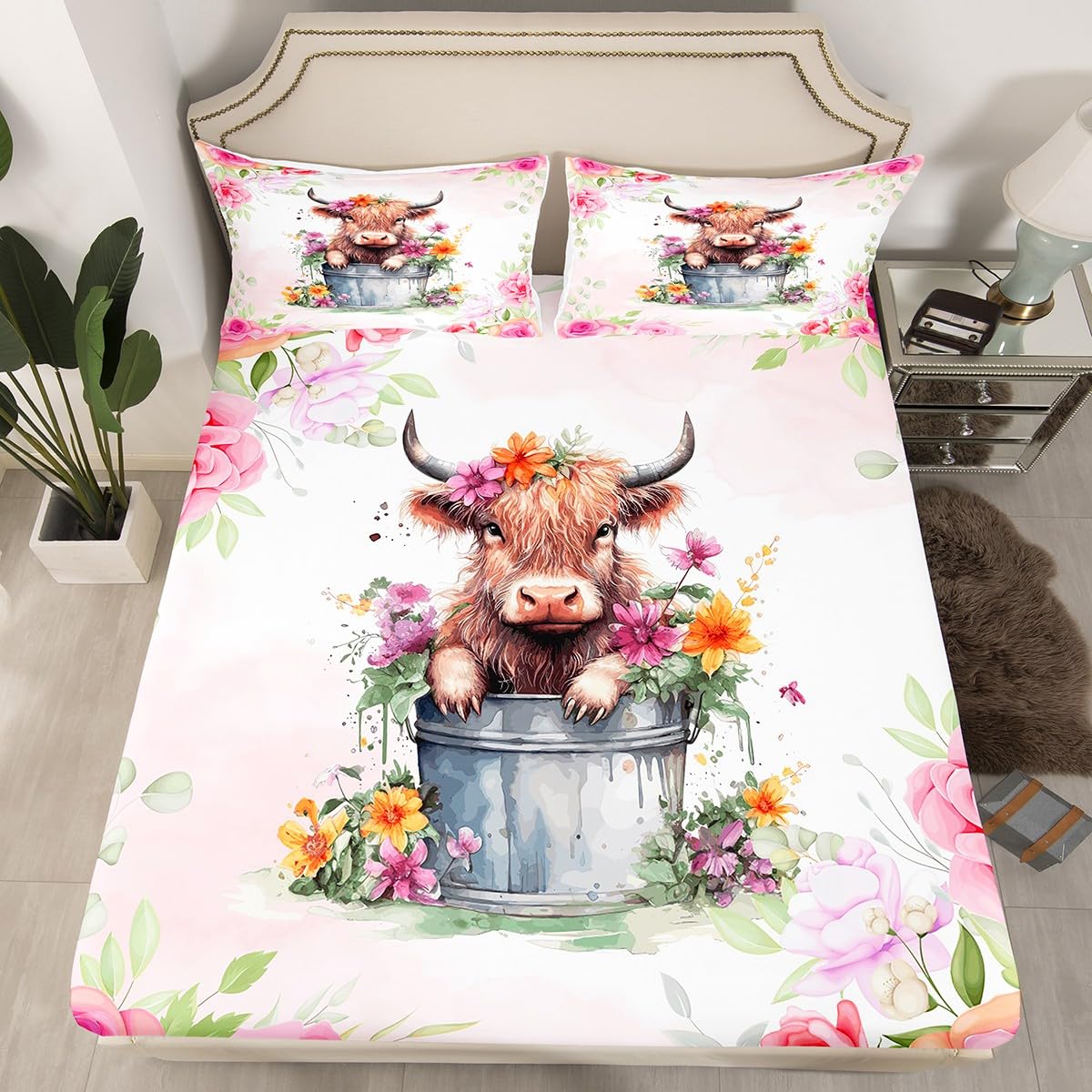 Highland Cattle Fitted Sheet King Size, Watercolor Flower Bed Cover with 2 Pillowcases, Floral Farm Cow Bedding Set 3pcs for Kids Girls Teen Room Decor, Soft Polyester Bedding