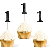 Gexolenu 24 PCS Black Double-sided 1st Birthday Cupcake Toppers, Glitter Age ONE Cake Picks Decor, First Happy Birthday Party Decorations Baby Shower Anniversary Party Supplies