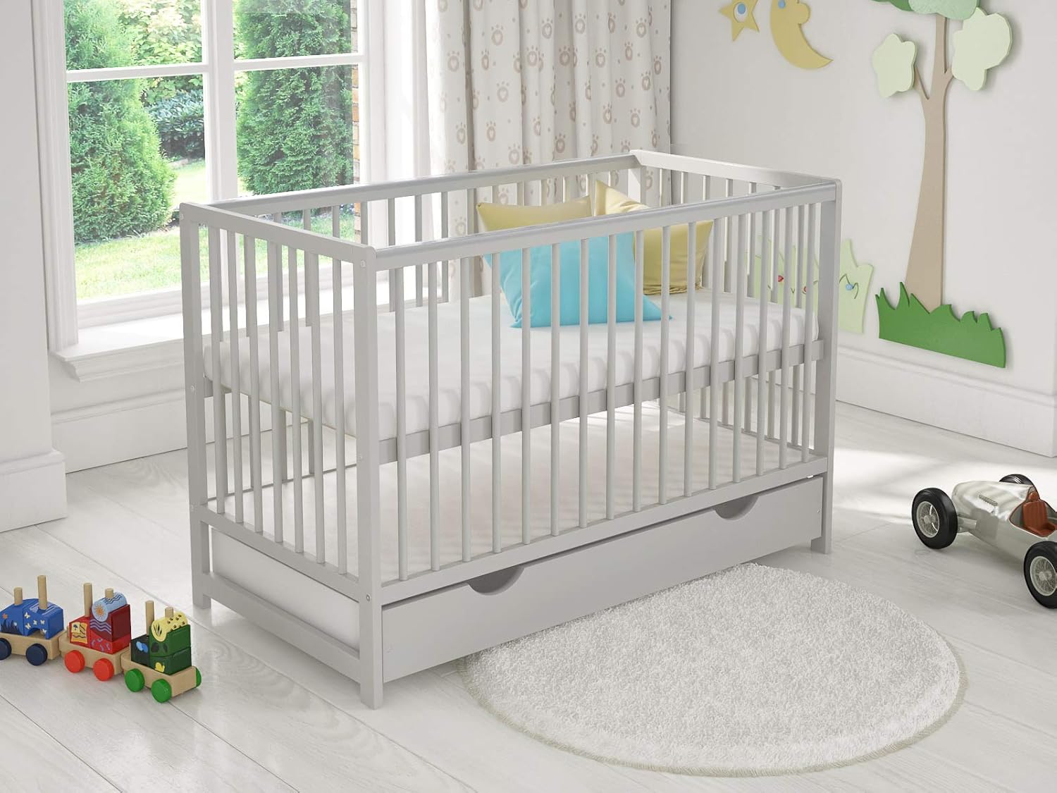 DENISE Wooden Baby Cot with Drawer 120x60cm + Foam Mattress + Safety