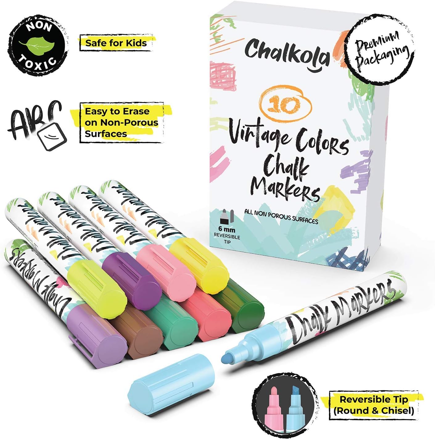 Liquid Chalk Markers for Chalkboard, Blackboards, Window, Bistro (10 Vintage Colors) - Bold Dry Erase Marker Pens | 6mm Reversible Bold & Chisel Nib : Office Products