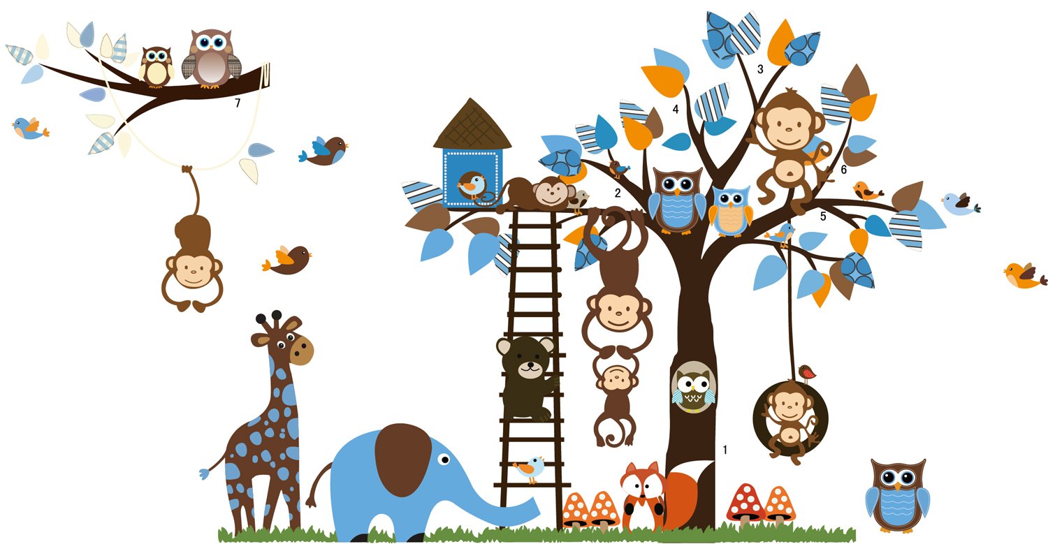 Giungla foresta animale scimmia scoiattolo e gufo altalena gioco su foglie colorate albero Adesivo Wall Sticker Amazon Prima infanzia
