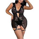 SHENHE Women's Plus Size Lace Lingerie Mesh Dress Deep V Neck Bodycon Chemsie with Thong