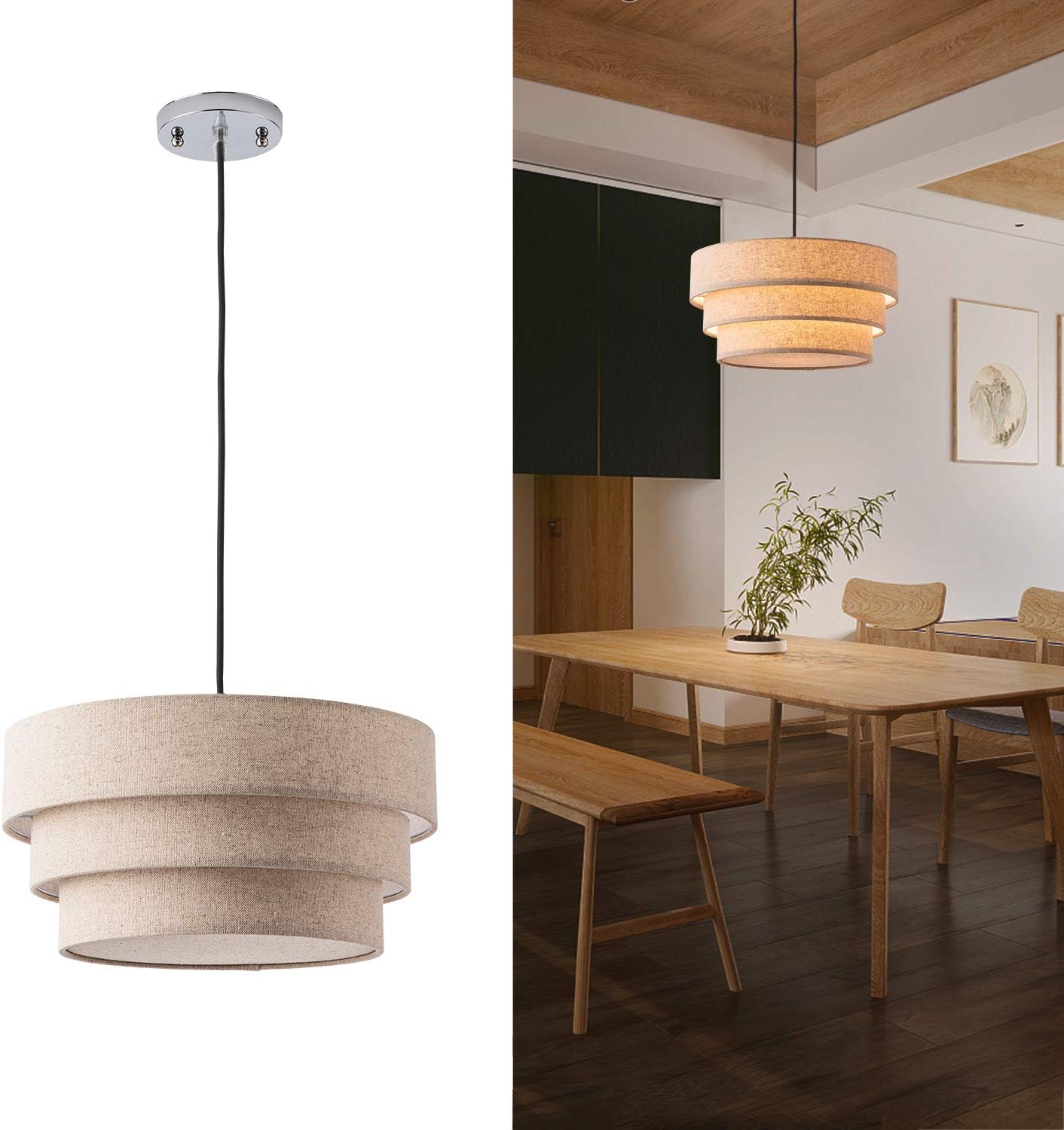 Rustic Pendant Lighting with Grey Linen Fabrics Lampshade Drum Pendant Light Modern Chandelier Adjustable Hanging Light Fixture for Kitchen, Foyer, Dining Room, Entryway Hallway Polished Nickel Finish: Home Improvement