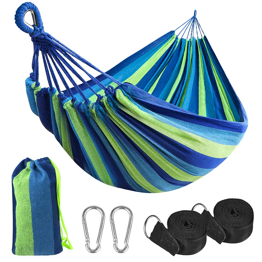flintronic Camping Hammock Outdoor, 210 x 150 cm Lightweight Cotton Hammock, Load Capacity up to 300 kg, Portable and Durable for Patio, Yard, Camping, Travel, Beach (Included Carrying Bag) #1 Blue